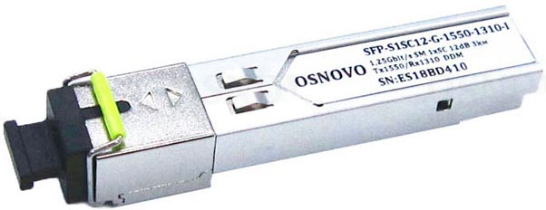 Модуль SFP OSNOVO SFP-S1SC12-G-1550-1310-I до 1.25 Гбит/c, SC/12дБ/расстояние передачи до 3км/Tx 1550/Rx 1310/поддержка DDM