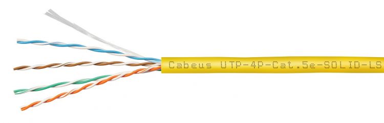  Кабель витая пара U/UTP 5e кат. 4 пары Cabeus UTP-4P-Cat.5e-SOLID-LSZH-YL-100 (24 AWG), одножильный, желтый, LSZH, нг(А)-HF, (100 м)