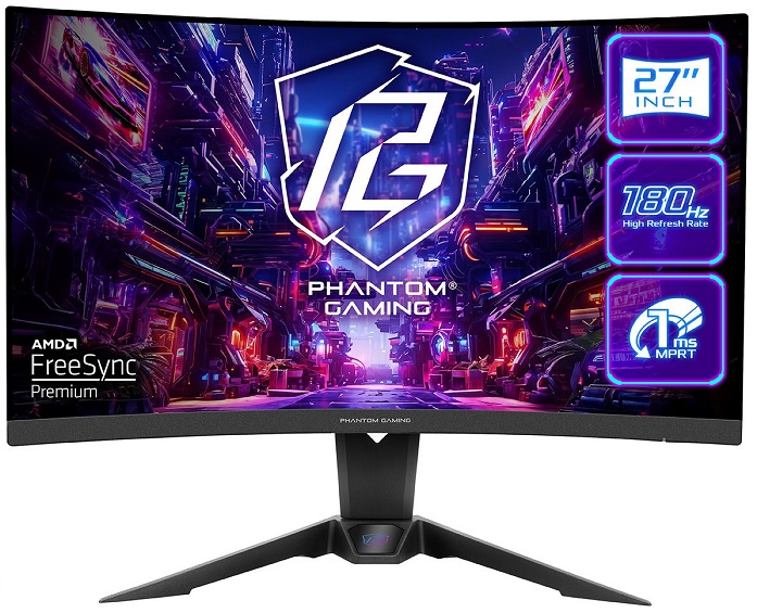 Монитор 27 ASRock Phantom Gaming PG27QRT2A 2560x1440 WLED, 16:9, VA, 300cd, 5000:1, 1ms, 178/178, DP, 2*HDMI, 180Hz, Speakers, curved R1500, tilt, H