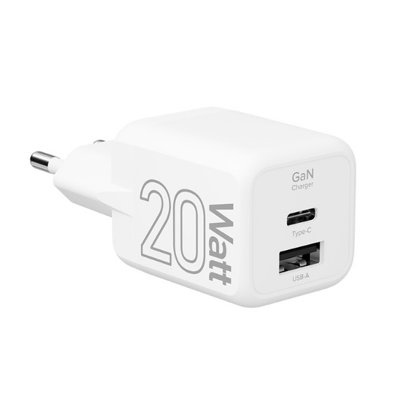 Зарядное устройство сетевое Lyambda LJC-20-1C1A GaN, 20 Вт, 1xUSB-C, 1xUSB-A, белый