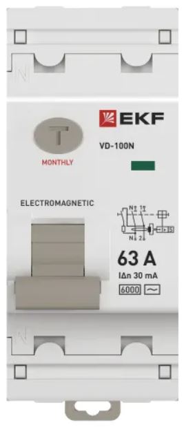 УЗО EKF E1026M6330 ВДТ ВД-100N 2P 63А 30мА AC эл-мех 6кА PROXIMA