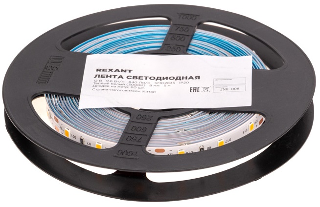 Лента светодиодная Rexant 141-213 12В, SMD2835, 9,6Вт/м, 60 LED/м, 3000K, 8мм, 5м, IP20