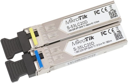 Комплектующие  Xcom-Shop Комплект Mikrotik S-3553LC20D (2 шт.) SFP модулей, с разъемом LC, со скоростью передачи данных 1,25 Гбит/с на расстояние до 20 км, работает в волновом