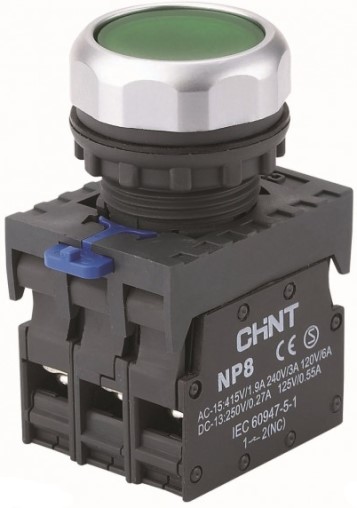 Кнопка управления CHINT 667251 NP8-10BND/3, 1НО, зел., AC, 110В-220В(LED), IP65 (R)