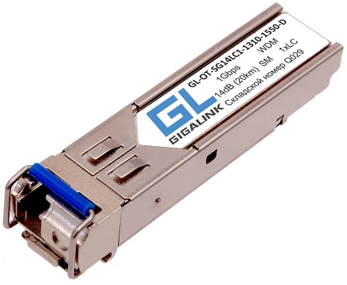 Модуль SFP GIGALINK GL-OT-SG14LC1-1310-1550-D WDM, 1Гбит/c, одно волокно SM, LC, Tx:1310/Rx:1550 нм, 14 дБ, DDM (до 20 км)