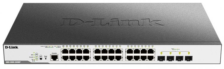 Коммутатор PoE D-link DGS-3000-28XMP/B1A 24xUTP 100/1000 PoE+ (370Вт), 4x10GBase-X SFP+, L2