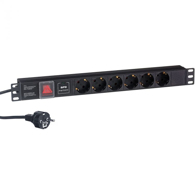 Блок розеток Exegate ServerPro PDU-19H608 Al-6S-EU2CU-SW-SPD1 EX280833RUS (19, 1U, Алюминий, 6 Schuko, кабель с евровилкой VDE-250V-16A-3*1.5mm2, мед