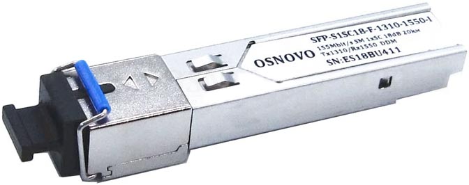 Модуль SFP OSNOVO SFP-S1SC18-F-1310-1550 оптический, одно волокно Single Mode. Скорость: до 155 мбит/c. Тип разъема: SC. Оптический бюджет: 18дБ. Расс