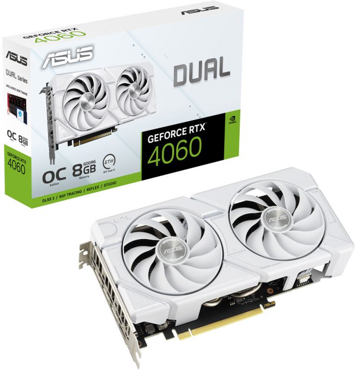 Видеокарта PCI-E ASUS GeForce RTX 4060 DUAL EVO WHITE OC (DUAL-RTX4060-O8G-EVO-WHITE) 8GB GDDR6 128bit 5nm 2505/17000MHz HDMI/3*DP Ret