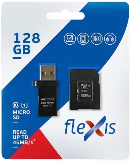 MicroSDXC  Xcom-Shop Карта памяти 128GB Flexis FX128GMSDXCU1 Class10 U1, c адаптером, USB картридером, чёрная