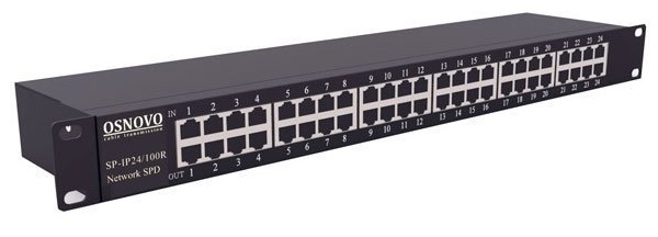Грозозащита OSNOVO SP-IP24/100R для локальной вычислительной сети (скорость до 100Мбит/с) на 24 порта. Двухступенчатая защита. Макс. длительное раб. н