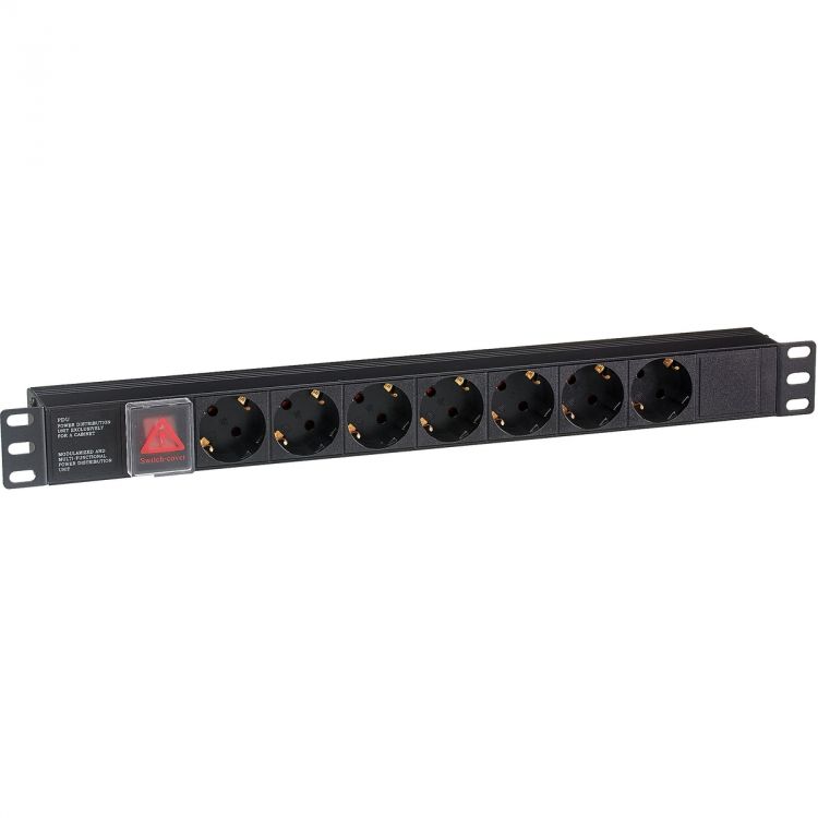 Блок розеток Exegate ServerPro PDU-19H703 Al-7S-C20-SW EX280838RUS (19, 1U, Алюминий, 7 Schuko, С20, выкл. с подсветкой, черный, RTL)