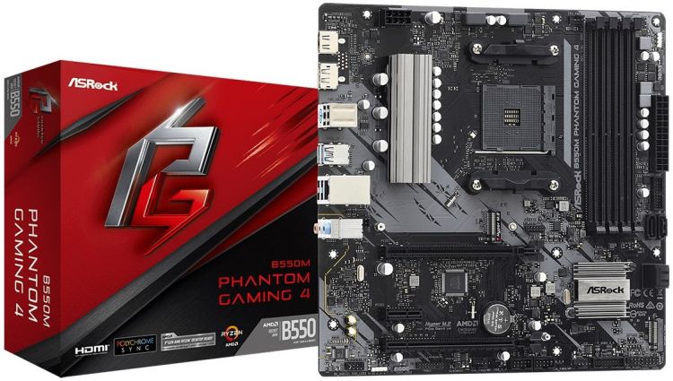  Материнская плата mATX ASRock B550M PHANTOM GAMING 4 (AM4, AMD B550, 4*DDR4(4733), 4*SATA 6G RAID, 2*M.2, 3*PCIE, 7.1CH, Glan, HDMI, DP, 6*USB 3.2, 4*