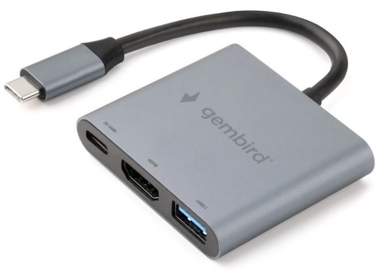 USB разветвители Док-станция Gembird UHB-D2 Type-C 3в1: USB3.1, PD100W, HDMI, кабель 15см, алюминий