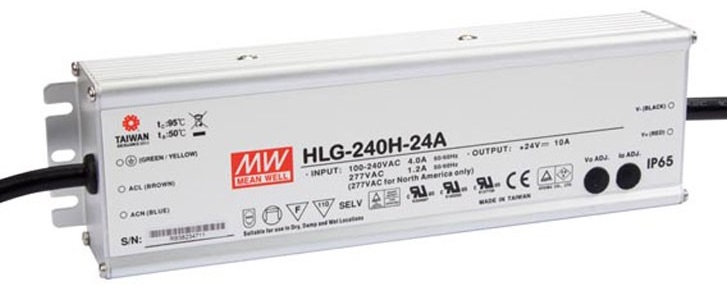 Драйвер светодиодный Mean Well HLG-240H-24A 240 Вт; 10000 мА / 12…24 В (стаб. по току или напр.); вход: 90…305 В; IP65