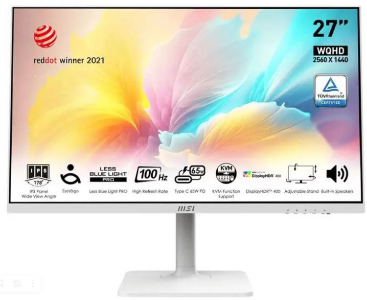  Монитор 27 MSI Modern MD272QXPW 9S6-3PB19H-225 2560x1440, 16:9, IPS, 100Hz, 1ms, 1000:1, 400cd, 178гр/178гр, HDMI, DP, 2*USB Type-A, USB Type-B, USB