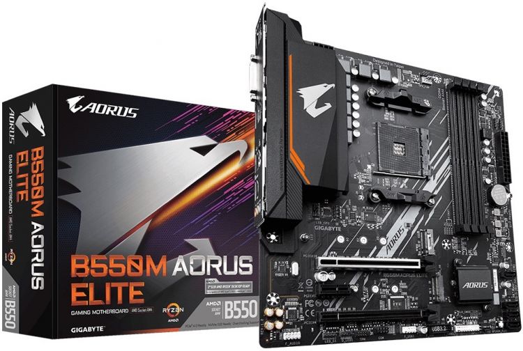  Материнская плата mATX GIGABYTE B550M AORUS ELITE (AM4, AMD B550, 4*DDR4(4733), 4*SATA 6G RAID, 2*M.2, 3*PCIE, 7.1CH, Glan, 6*USB 3.2, DVI-D/HDMI)