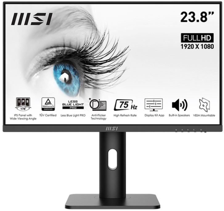  Монитор 23,8 MSI PRO MP243P 9S6-3PB59H-064 16:9 FHD, IPS Flat, 5ms(GTG), 75Hz, 1000:1, 100M:1, 250nit, 178/178, HDMI, DP, Tilt, Swivel, Height, Pivot