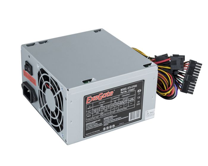 Блок питания ATX Exegate CP500 EX219457RUS-S 500W, SC, 8cm fan, 24p+4p, 3*SATA, 2*IDE, FDD + кабель 220V с защитой от выдергивания