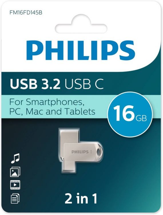 Накопитель USB 3.2 16GB Philips FM16FD145B/97 Type-C, OTG, USB 3.2/Type-C, Металл, 100 MB/s