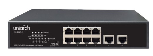 Коммутатор Uniarch SW-2110-LP 10×100Mbps (RJ45), 8 PoE порта (IEEE802.3,IEEE802.3u,IEEE802.3az,IEEE802.3x,IEEE802.3af,IEEE802.3at), 2Gbps, общий бюдже