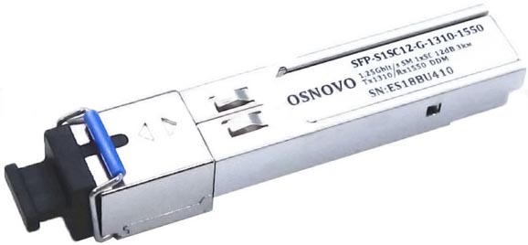 Модуль SFP OSNOVO SFP-S1SC12-G-1310-1550 до 1.25 Гбит/c, SC/12дБ/расстояние передачи до 3км/Tx 1310/Rx 1550/поддержка DDM
