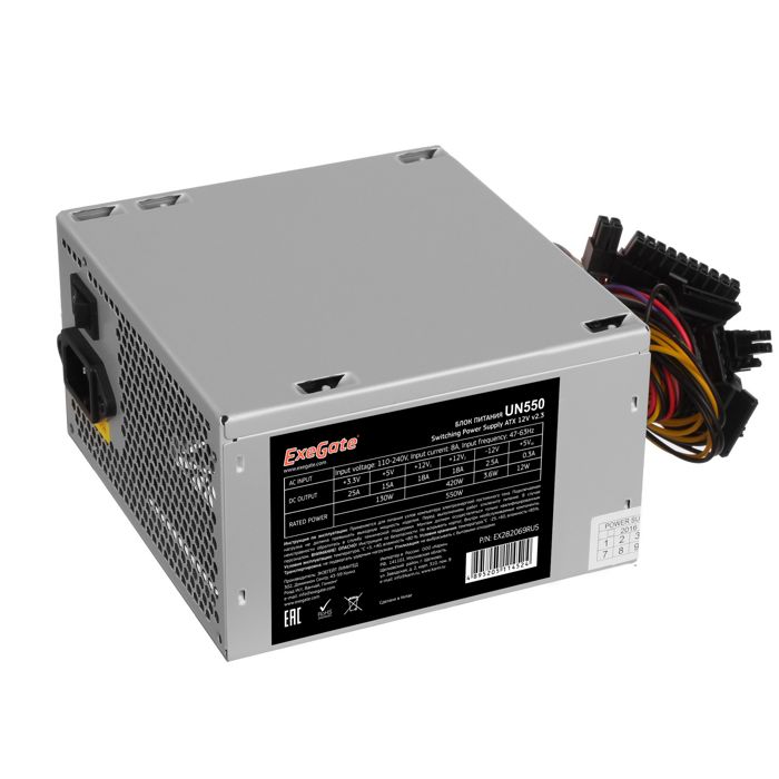 Блок питания ATX Exegate UN550 EX282069RUS 550W, 12cm fan, 24p+4p, 6/8p PCI-E, 3*SATA, 2*IDE, FDD