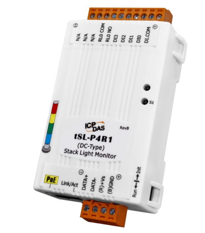 Модуль ICP DAS tSL-P4R1 Single Stack Light Monitoring Module with Ethernet/RS-485 Interface and PoE for DC Stack Lights. (4 DC DI + 1 Relay) (RoHS)