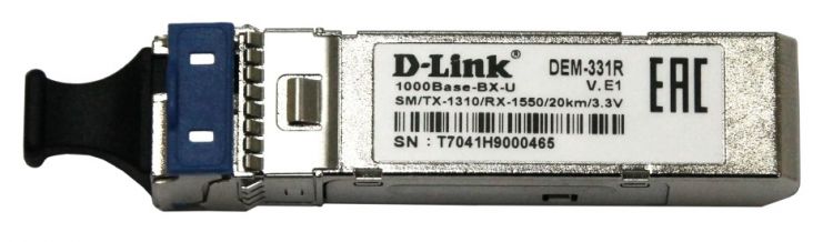 Трансивер D-link 331R/20KM/A1A WDM SFP с 1 портом 1000Base-BX-D (Tx:1310 нм, Rx:1550 нм) для одномодового оптического кабеля (до 20 км)