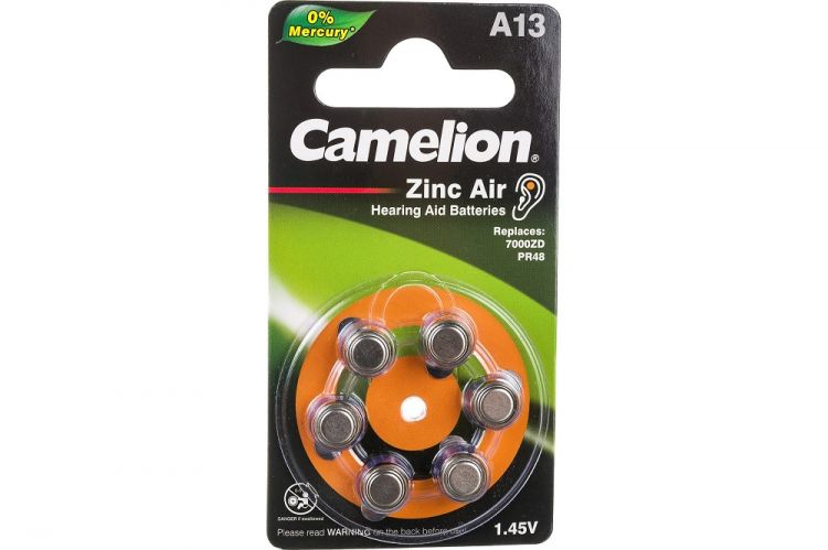 Батарейка Camelion A13-BP6(0%Hg) Mercury Free PR48, 1,4 В, 280 мА.ч, 6 шт в упаковке (12824)