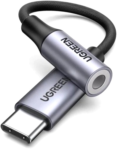 Переходник UGREEN AV161 80154 USB-C to 3.5mm M/F в оболочке с оплёткой, 10см, цвет: серый космос