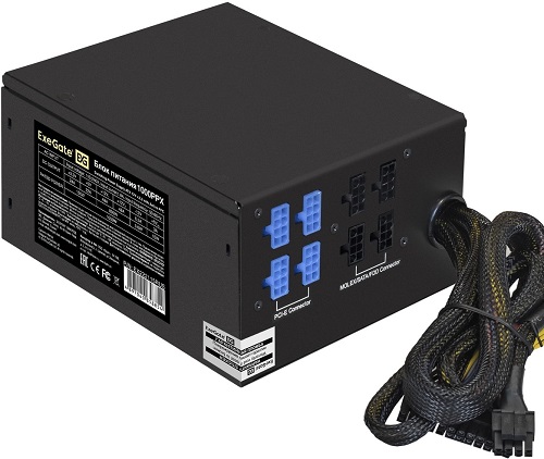 Блок питания ATX Exegate 1000PPX EX222115RUS-S 1000W RTL, SC, black, activePFC, 14cm, 24p+2*(4+4)p, PCI-E, 5*SATA, 4*IDE, FDD + кабель 220V с защитой