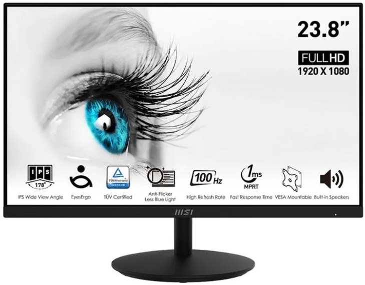 Монитор 23,8 MSI Pro MP242A 9S6-3PA1CT-205 1920x1080 IPS LED 1ms 16:9 HDMI M/M 250cd 178гр/178гр 100Hz VGA DP черный