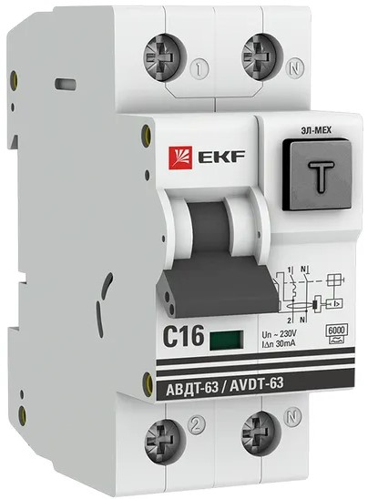 Автоматический выключатель дифф. тока (АВДТ) EKF DA63-16-30 1п+N 2мод. C 16А 30мА тип AC 6кА АВДТ-63 PROxima