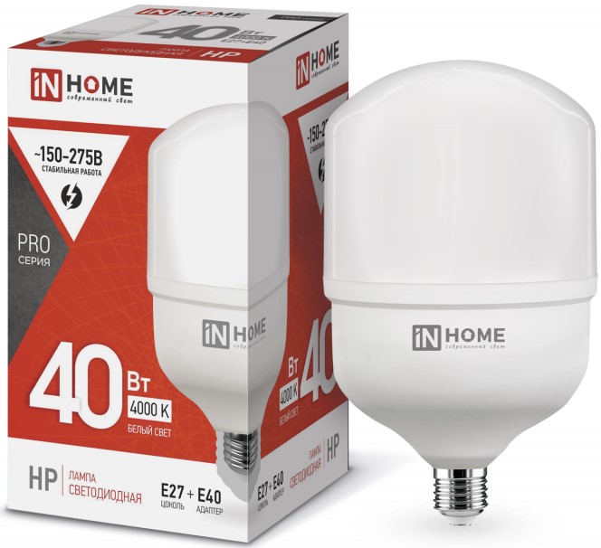 Лампа светодиодная IN HOME 4690612031095 высокомощная LED-HP-PRO 40Вт цилиндр 4000К нейтральный, белый E27 3800лм 230В с адаптером