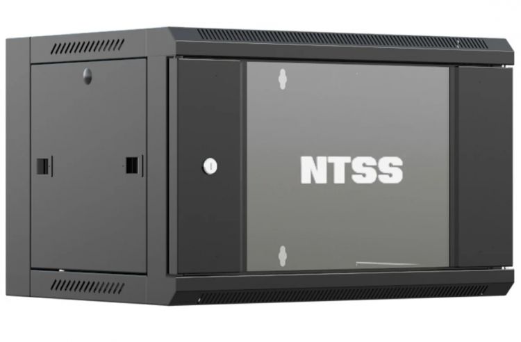 Шкаф настенный NTSS W 9U 600х600х500мм, 2 профиля 19, дверь стеклянная, черный RAL 9005 (NTSS-W9U6060GS-BL)