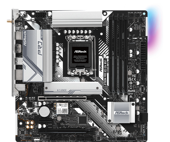 LGA1700 ASROCK Материнская плата mATX ASRock B760M PRO RS/D4 WIFI (LGA1700, B760, 4*DDR4 (5333), 4*SATA, 2*M.2, 3*USB 3.2, 2*USB 2.0, USB Type-C, 2*PCIe x16, PCIe x1