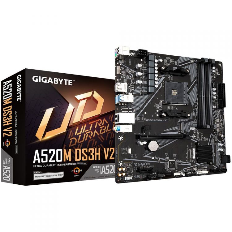  Материнская плата mATX GIGABYTE A520M DS3H V2 (AM4, AMD A520, 4*DDR4 (4733), 4*SATA 6G RAID, M.2, 2*PCIE, Glan, HDMI, DP, 4*USB 3.2, 2*USB 2.0)