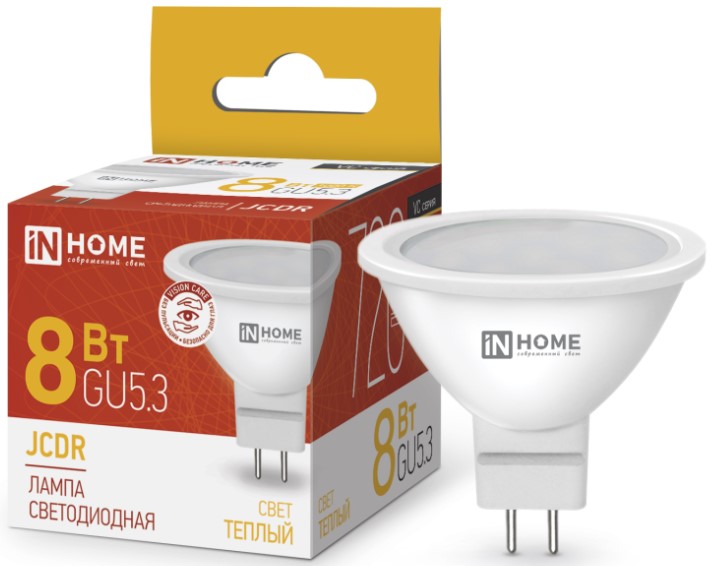 Лампа светодиодная IN HOME 4690612020327 LED-JCDR-VC 8Вт рефлектор 3000К теплый, белый GU5.3 720лм