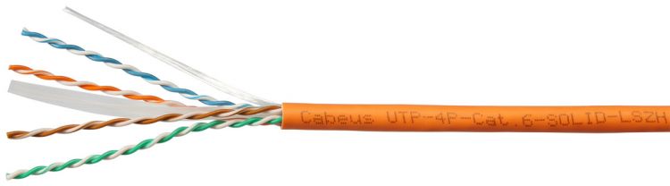 Кабель витая пара U/UTP 6 кат. 4 пары Cabeus UTP-4P-Cat.6-SOLID-LSZH-500 (23 AWG), одножильный, LSZH, нг(А)-HF, оранжевый (500 м)