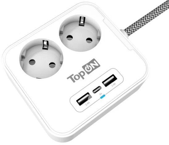 Сетевой фильтр TopOn TOP-PWS2 2 розетки с 2 USB-A и USB-C, 4000W, 1.5м, белый