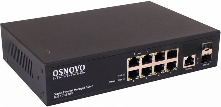 Коммутаторы Ethernet промышленные  Xcom-Shop Коммутатор управляемый OSNOVO SW-70802/L2 (L2+) Gigabit Ethernet на 10 портов: 8 x GE (10/100/1000Base-T) + 2 x GE (SFP 1000Base-X), консольный порт,