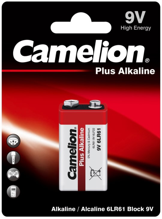 Батарейка Camelion 6LR61-BP1 Alkaline 6LR61, крона, 9 В, 550 мА.ч, 1 шт в упаковке (1655)