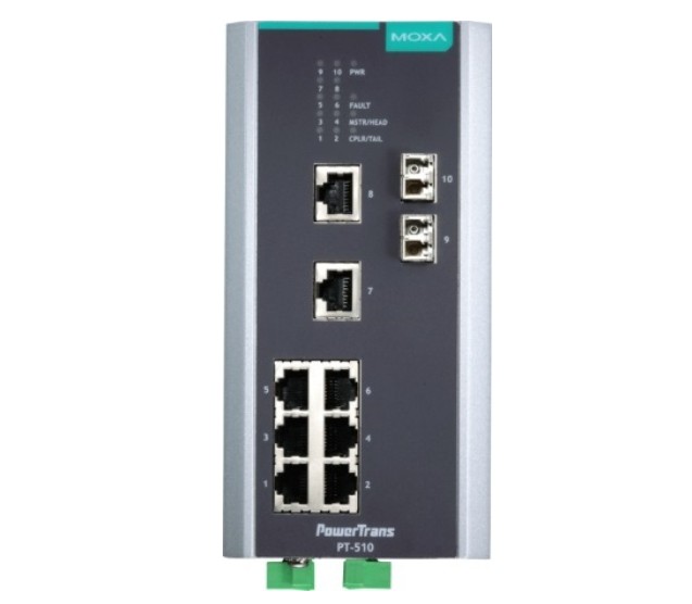 Коммутатор управляемый MOXA PT-510-SS-LC-24 DIN-Rail switch, 8 x 10/100BaseT(X), 2 x 100BaseFX SM, LC connectors, 1 power supply