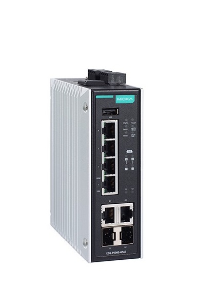 Коммутатор управляемый MOXA EDS-P506E-4PoE-2GTXSFP-T 4xPoE/ PoE+ 10/100BaseTX, 2xCombo 10/100/1000BaseTX или 100/1000BaseSFP, с расширенным диапазоном