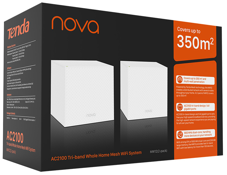 Комплект Tenda NOVA MW12(2-PACK) AC2100 Tri-band Whole Home Mesh WiFi System, 2шт в комплекте