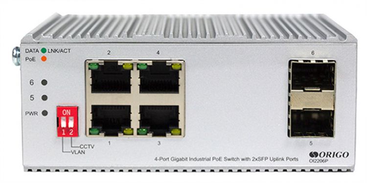  Коммутатор неуправляемый ORIGO OI2206P/60W/A1A 4x1000Base-T PoE, 2x1000Base-X SFP, PoE Budget 60W, Surge 4KV, -40 to 75°C