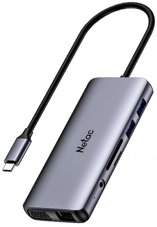 Разветвитель Netac NT08WF15-30GR 11 in 1, Type-C to USB3.0*2+USB2.0*2+HDMI+PD+mSD/SD 2.0+Audio+RJ45+VGA