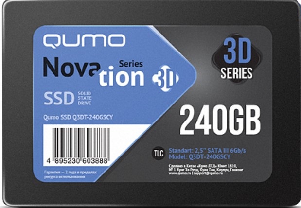 Накопитель SSD 2.5'' Qumo Q3DT-240GSCY Novation 240GB SATA3.0 3D TLC 550/520MB/s IOPS 30K/80K MTBF 1.5