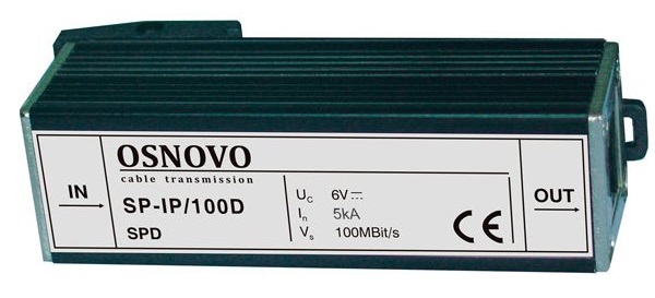 Грозозащита OSNOVO SP-IP/100D для локальной вычислительной сети (скорость до 100Мб/с). Двухступенчатая защита. Макс. длительное рабочее напряжение (Uс